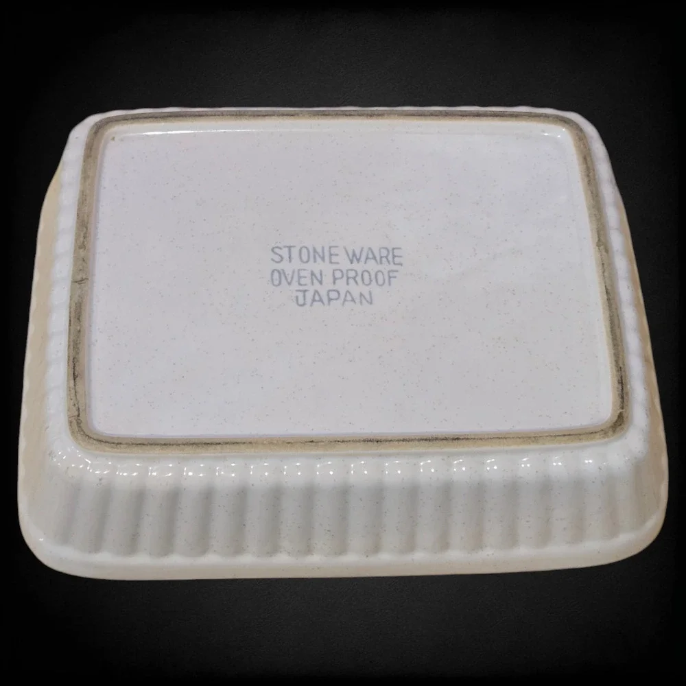 Vintage Stoneware Cream Speckled Japan Ribbed Mini Baking Dish Casserole Pan